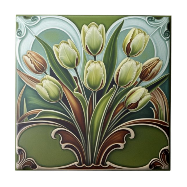 Vintage Art Nouveau yellow Tulips Floral  Tile (Front)