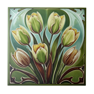 Vintage Art Nouveau yellow Tulips Floral  Tile