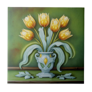 Vintage Art Nouveau yellow Tulips Floral  Tile