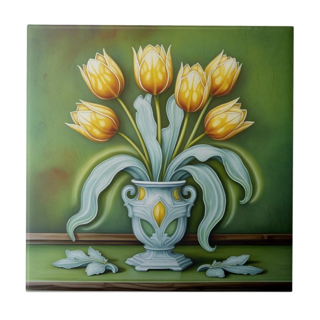 Vintage Art Nouveau yellow Tulips Floral  Tile (Front)