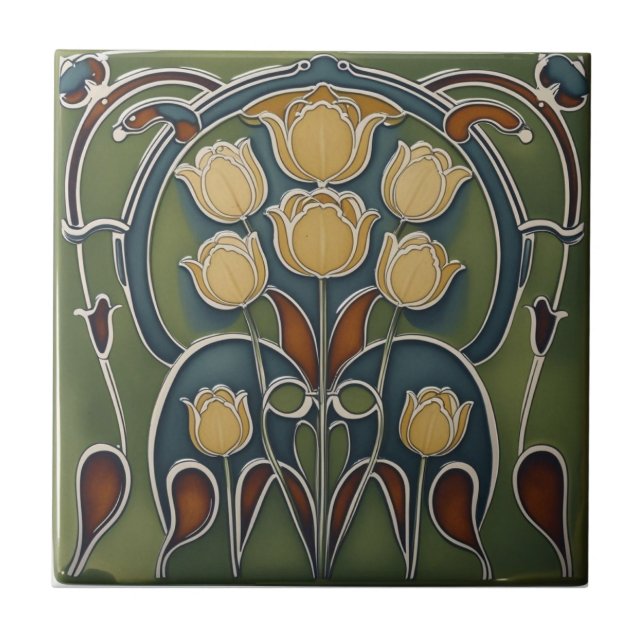 Vintage Art Nouveau yellow Tulips Floral  Tile (Front)