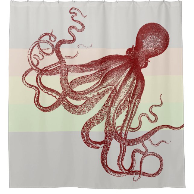 VINTAGE ART OCTOPUS PRINT SHOWER CURTAIN (Front)
