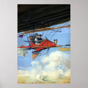 Vintage Art of Woman Flying Futuristic Aircraft Poster