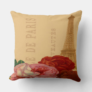 Vintage Art Roses Paris and Eiffel Tower Cushion