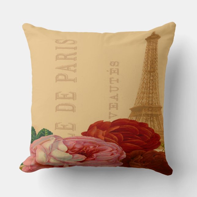 Vintage Art Roses Paris and Eiffel Tower Cushion (Front)