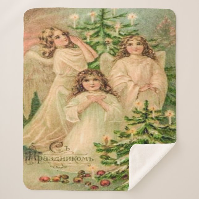 Vintage Art Russian Christmas Angels Sherpa Blanket (Front)