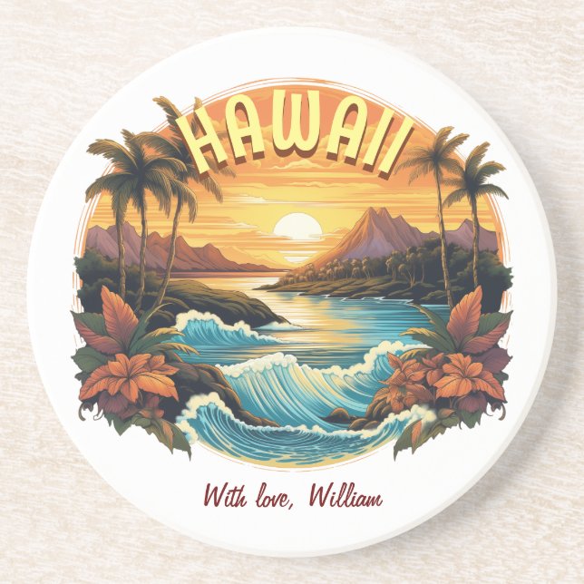 Vintage Art Sunset at Hawaii Beach Mountains Coaster (Front)