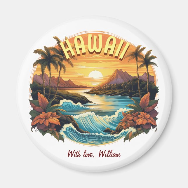 Vintage Art Sunset at Hawaii Beach Mountains Magnet (Front)