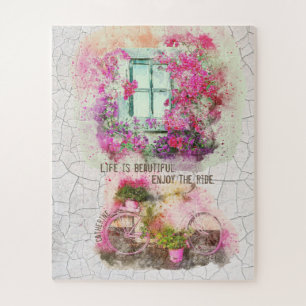 Vintage art watercolor bicycle window decoupage  jigsaw puzzle