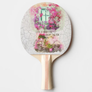 Vintage art watercolor bicycle window decoupage ping pong paddle