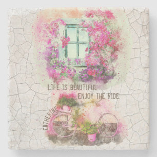 Vintage art watercolor bicycle window decoupage stone coaster