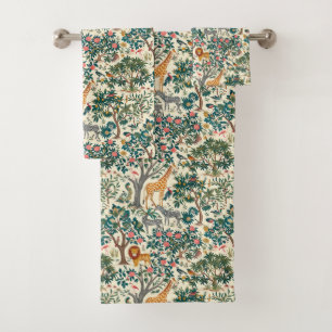 Vintage art, zebras giraffes, flamingo, birds, lio bath towel set