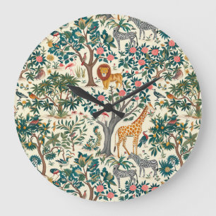 Vintage art, zebras giraffes, flamingo, birds, lio large clock