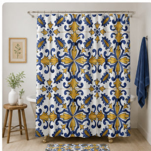 Vintage Artisan Classic Blue and Gold European Shower Curtain