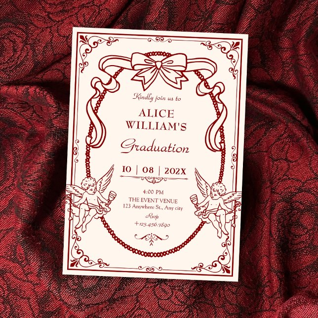 Vintage artistic red bow baroque graduation invitation (Creator Uploaded)
