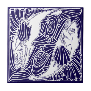 Vintage Arts & Crafts Japanese Koi Goldfish Tile