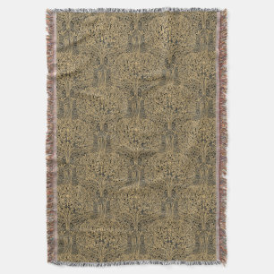 Vintage Arts & Crafts style Birds in Trees Pattern Throw Blanket