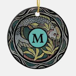 Vintage Arts & Crafts Style Koi Fish template Ceramic Tree Decoration