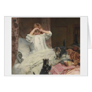 Vintage Artwork - Girl & Her Kittens in Bed,