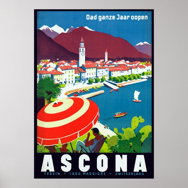 Vintage Ascona Switzerland Travel Poster (Front)