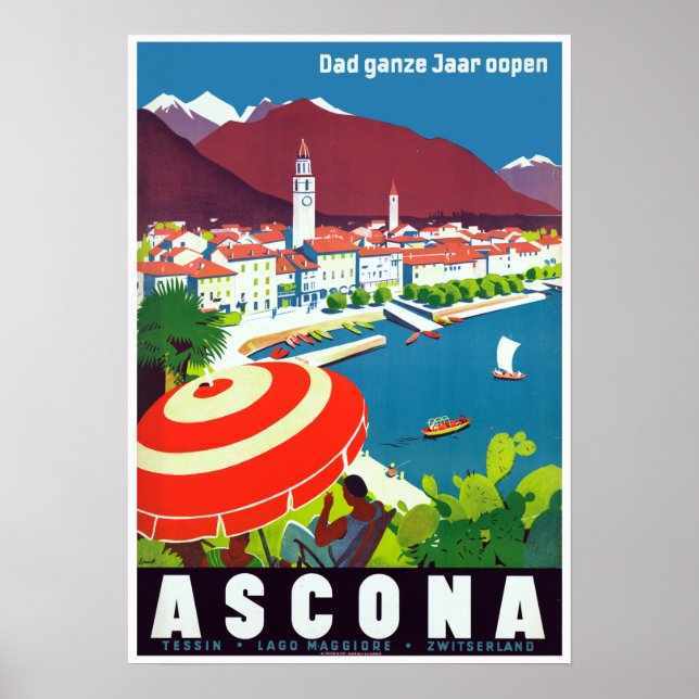 Vintage Ascona Switzerland Travel Poster (Front)