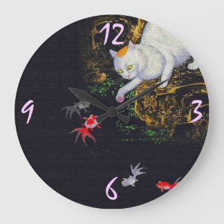 Vintage Asian Cat catching Fish Large Clock