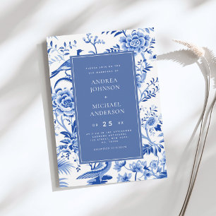 Vintage Asian Chinoiserie Floral Blue Wedding Invitation