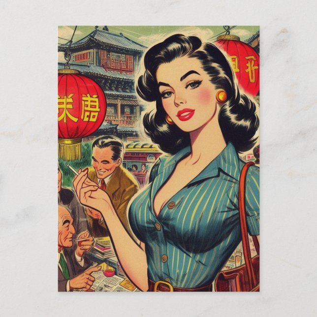 Vintage Asian Girl Illustration Postcard (Front)