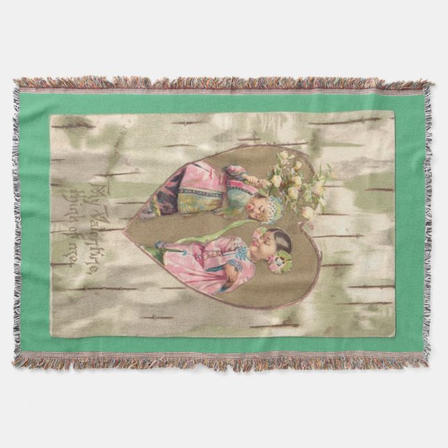 Vintage Asian Girls Valentine Postcard Throw Blanket (Front)