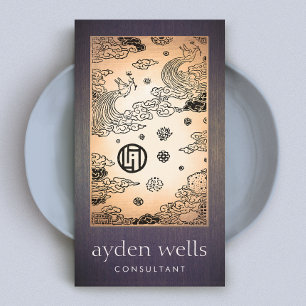 Vintage Asian Gold Peacock and Lotus Art Wood Look Business Card
