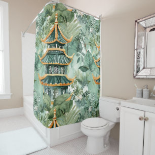 Vintage Asian Pagoda Forest Travel Shower Curtain