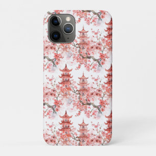 Vintage Asian Pagoda Pink Blossom Scenic Art iPhone 11 Pro Case