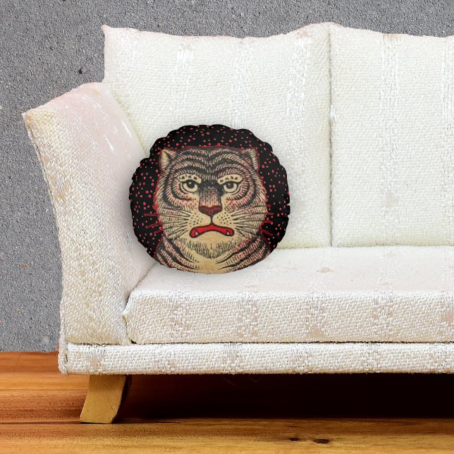 Vintage Asian Striped Fierce Tiger Round Cushion (Face of striped fierce Asian Tiger red dots on round black home decor decorative pillow.)