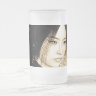 Vintage Asian Woman Portrait Art Frosted Glass Beer Mug
