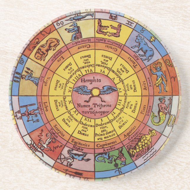 Vintage Astrology, Antique Celestial Zodiac Wheel Coaster (Front)