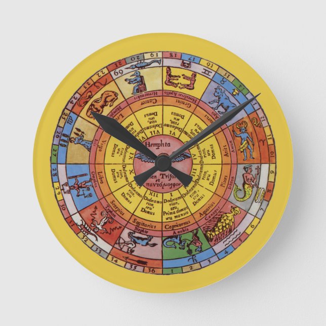 Vintage Astrology, Antique Celestial Zodiac Wheel Round Clock (Front)
