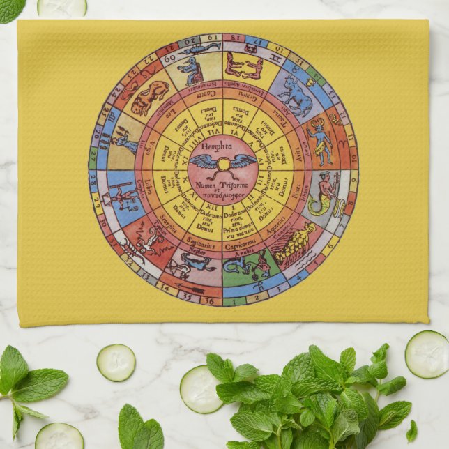 Vintage Astrology, Antique Celestial Zodiac Wheel Tea Towel (Folded)