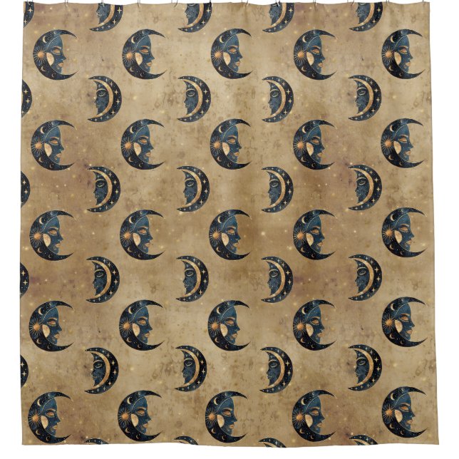Vintage Astrology Moon Star Pattern Shower Curtain (Front)