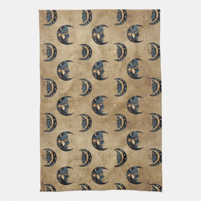 Vintage Astrology Moon Star Pattern Tea Towel (Vertical)
