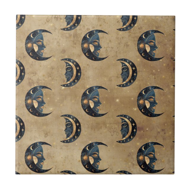Vintage Astrology Moon Star Pattern Tile (Front)