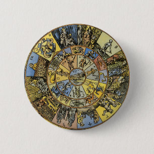 Vintage Astrology, Renaissance Zodiac Wheel, 1555 6 Cm Round Badge
