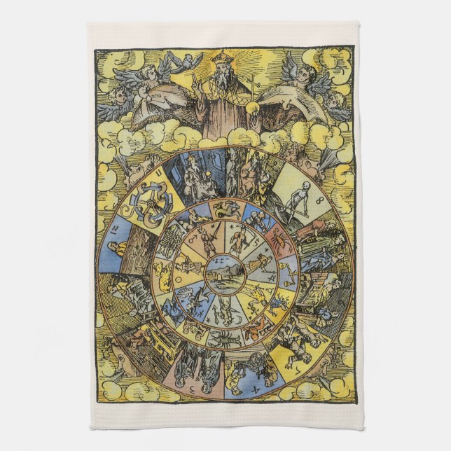 Vintage Astrology, Renaissance Zodiac Wheel, 1555 Tea Towel (Vertical)