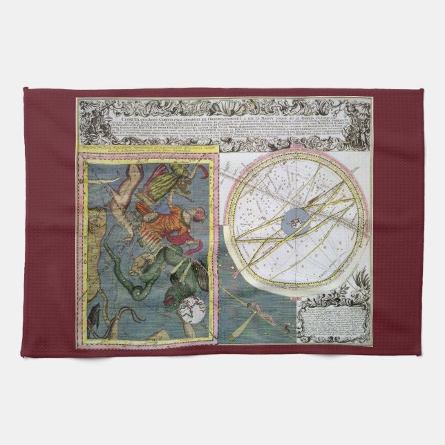 Vintage Astronomy, Comet Path by Matthaeus Seutter Tea Towel (Horizontal)