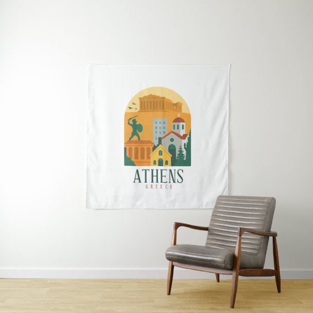 Vintage Athens Greece Parthenon Travel Wall Art Tapestry (In Situ)