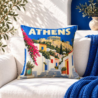 Vintage Athens Greece Travel Poster Throw Pillow