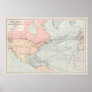 Vintage Atlantic Ocean Telegraph Cables Boat Map Poster