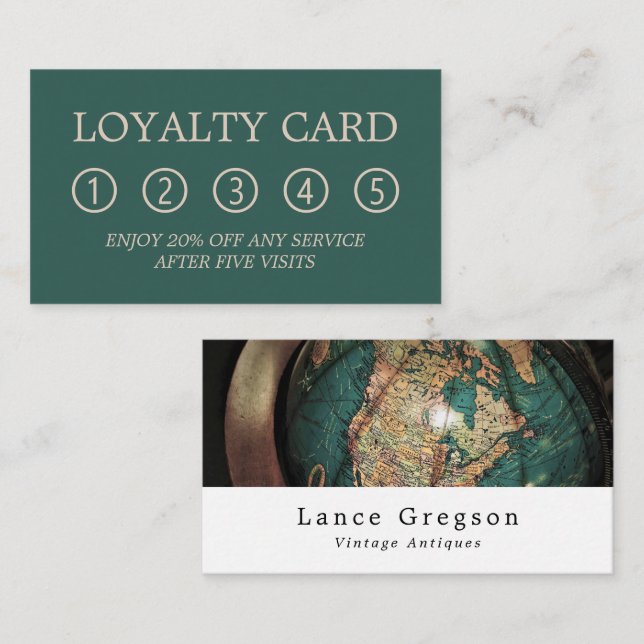 Vintage Atlas Globe, Antique Dealer Business Loyalty Card (Front/Back)