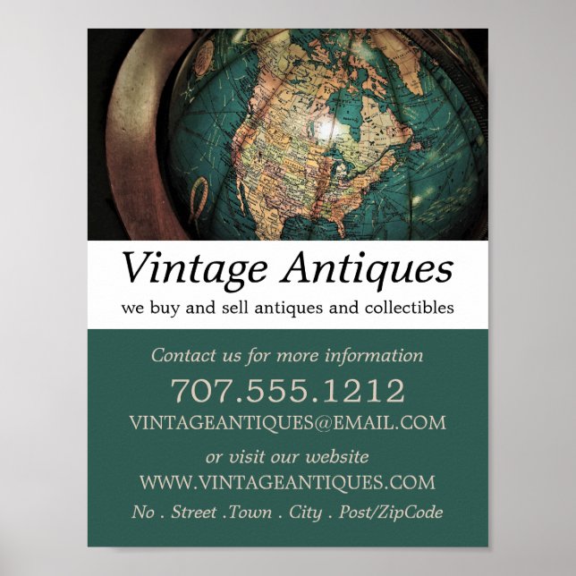 Vintage Atlas Globe, Antique Dealer, Store Poster (Front)