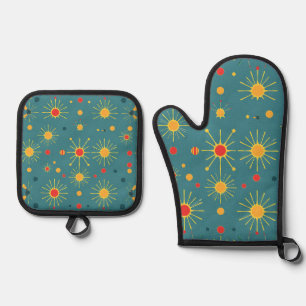 Vintage Atomic Burst Teal Pattern Oven Mitt & Pot Holder Set