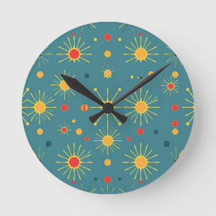 Vintage Atomic Burst Teal Pattern Round Clock